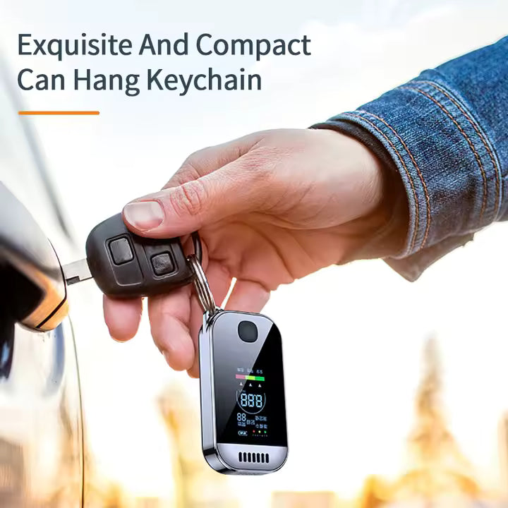 éthylotest numérique professionnel avec écran LCD, rechargeable par USB et porte-clés électronique.